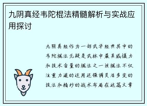 九阴真经韦陀棍法精髓解析与实战应用探讨