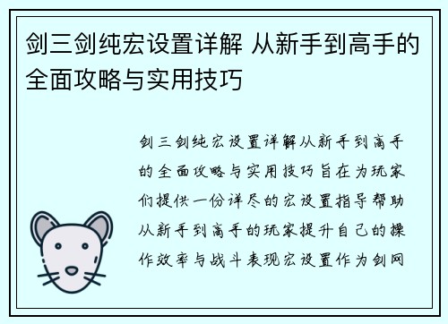 剑三剑纯宏设置详解 从新手到高手的全面攻略与实用技巧